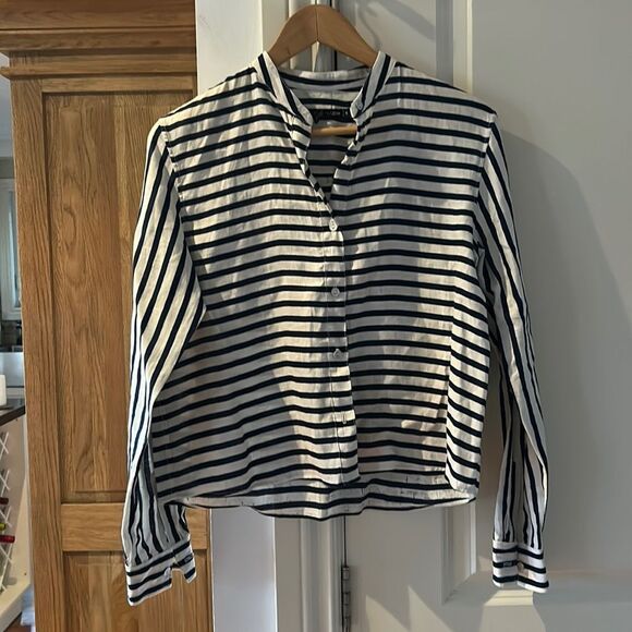 🎀Rag & bone Leeds white and blue striped linen button up blouse small Mandarin - Picture 3 of 11